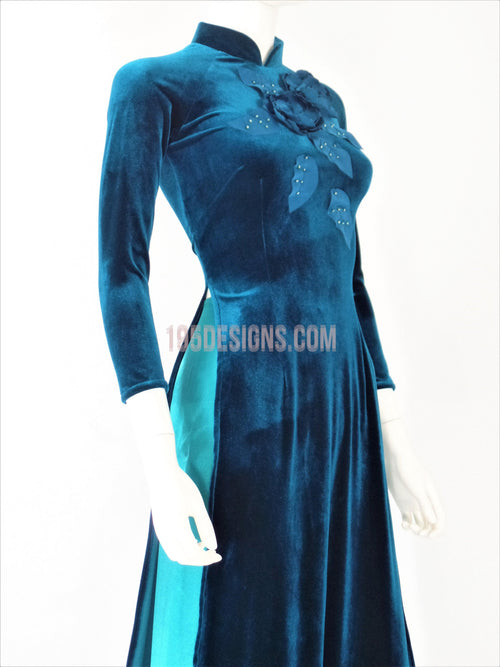 Áo Dài Nhung Xanh Kết Hoa | Blue Vietnamese Ao Dai