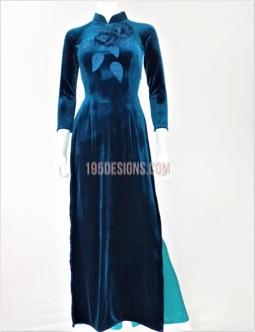 Áo Dài Nhung Xanh Kết Hoa | Blue Vietnamese Ao Dai