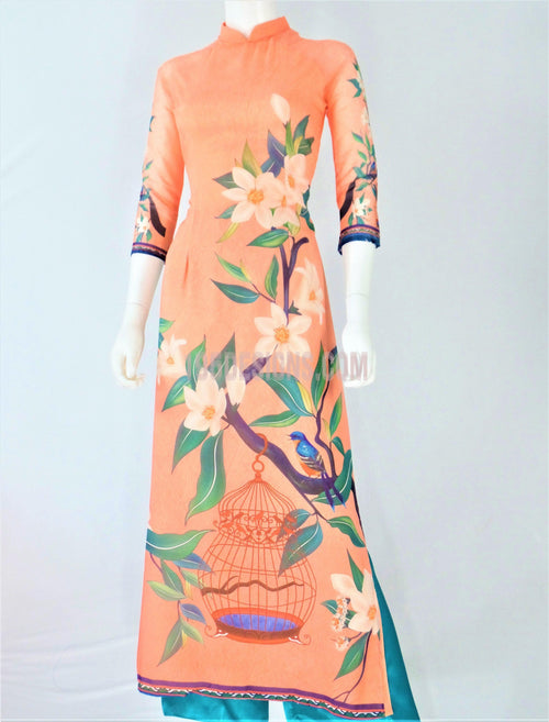 Áo Dài Voan Cam Họa Tiết |  Vietnamese Ao Dai