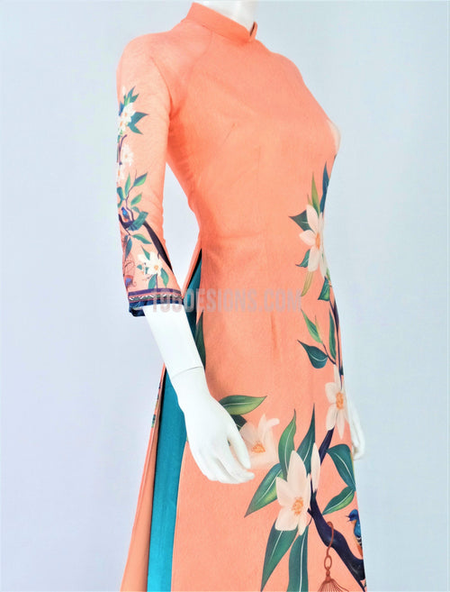 Áo Dài Voan Cam Họa Tiết |  Vietnamese Ao Dai
