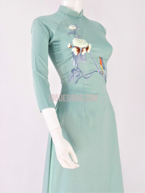 Áo Dài Lụa Xanh Xám Thêu Hoa | Ao Dai Flower Embroidery
