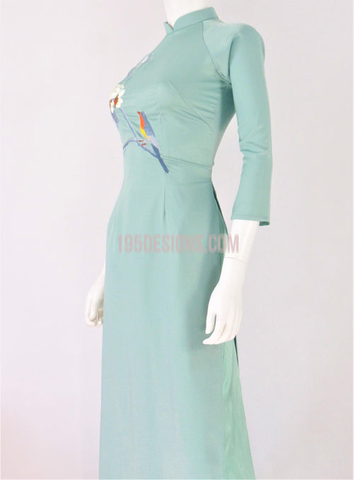 Áo Dài Lụa Xanh Xám Thêu Hoa | Ao Dai Flower Embroidery