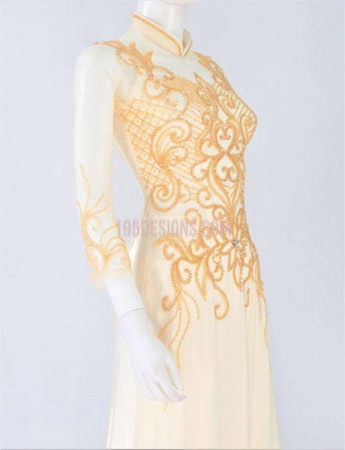 Vietnamese Crystal Ao Dai / Áo Dài Màu Kem Đính Đá Cườm