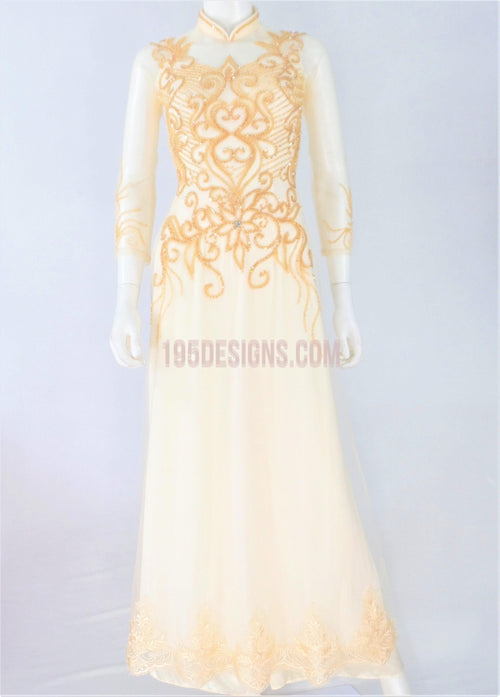 Vietnamese Crystal Ao Dai / Áo Dài Màu Kem Đính Đá Cườm