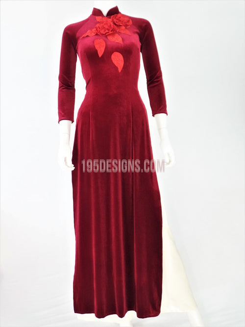 Áo Dài Nhung Đỏ Kết Hoa | Red Vietnamese Ao Dai
