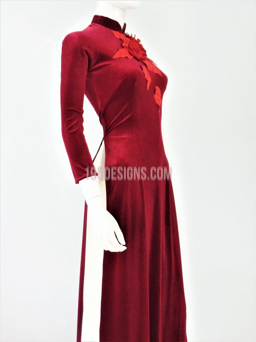 Áo Dài Nhung Đỏ Kết Hoa | Red Vietnamese Ao Dai