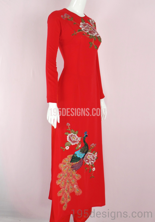 Ao Dai Red Peony Peacock Crystal - Ao Dai Hoa Mẫu Đơn Con Công