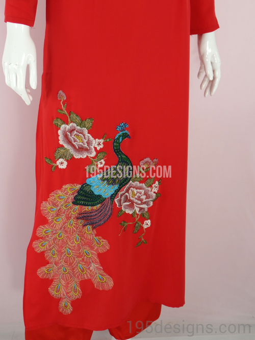Ao Dai Red Peony Peacock Crystal - Ao Dai Hoa Mẫu Đơn Con Công