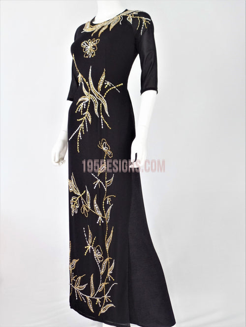 Black Vietnamese Ao Dai / Áo Dài Lụa Đen Kết Cườm