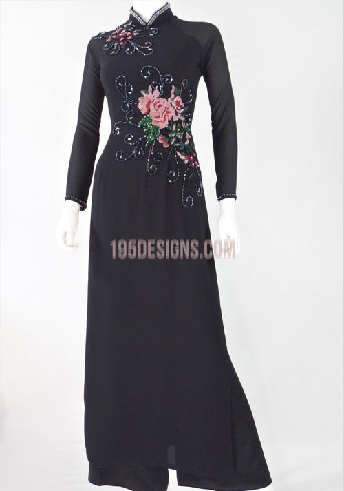 Black Vietnamese Ao Dai /  Áo Dài Lụa Đen Kết Cườm Hoa Thêu