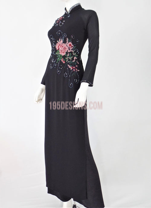 Black Vietnamese Ao Dai /  Áo Dài Lụa Đen Kết Cườm Hoa Thêu
