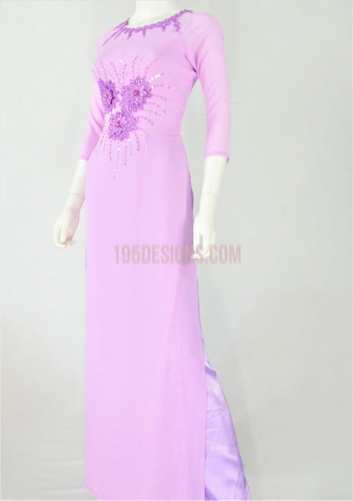 Áo Dài Màu Tím Hoa Cà Đính Đá Cườm / Vietnamese Crystal Ao Dai