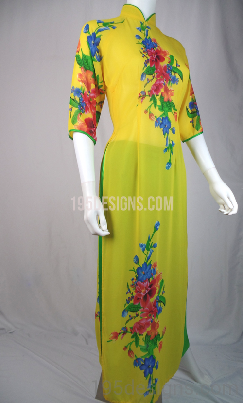 Yellow Ao Dai Red and Blue Spring Flower New Year Set | Hoa Tet