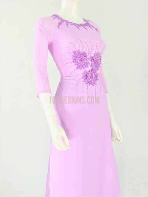 Áo Dài Màu Tím Hoa Cà Đính Đá Cườm / Vietnamese Crystal Ao Dai