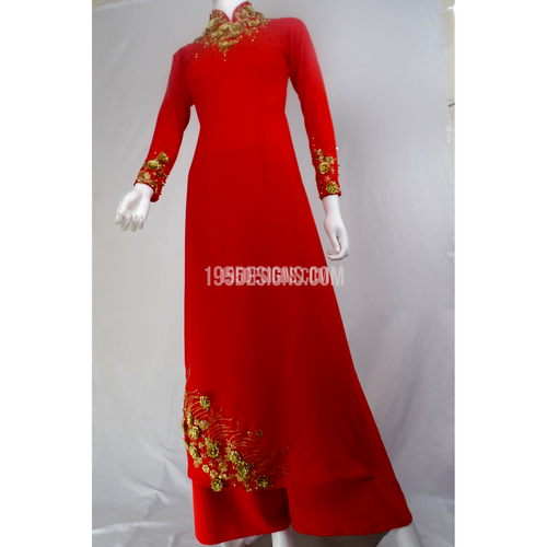 ÁO DÀI  Đỏ Hoa Vàng Kết Đá Pha Lê | Red Ao Dai Gold Flower with Crystal Wedding