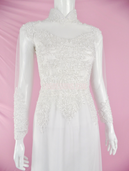 White Ao Dai Crystal Lace Wedding- Ao Dai Kết Đá Pha Lê Cô Dâu