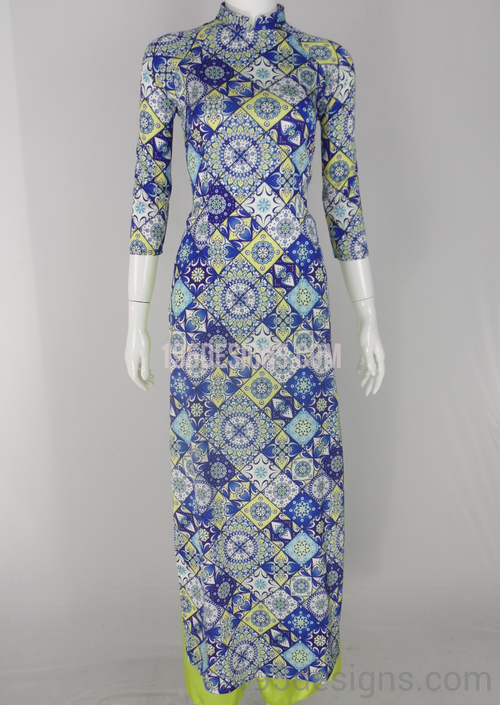 Ao Dai Cô Ba Sài Gòn Gạch Xanh Dương Quần Lá Mạ