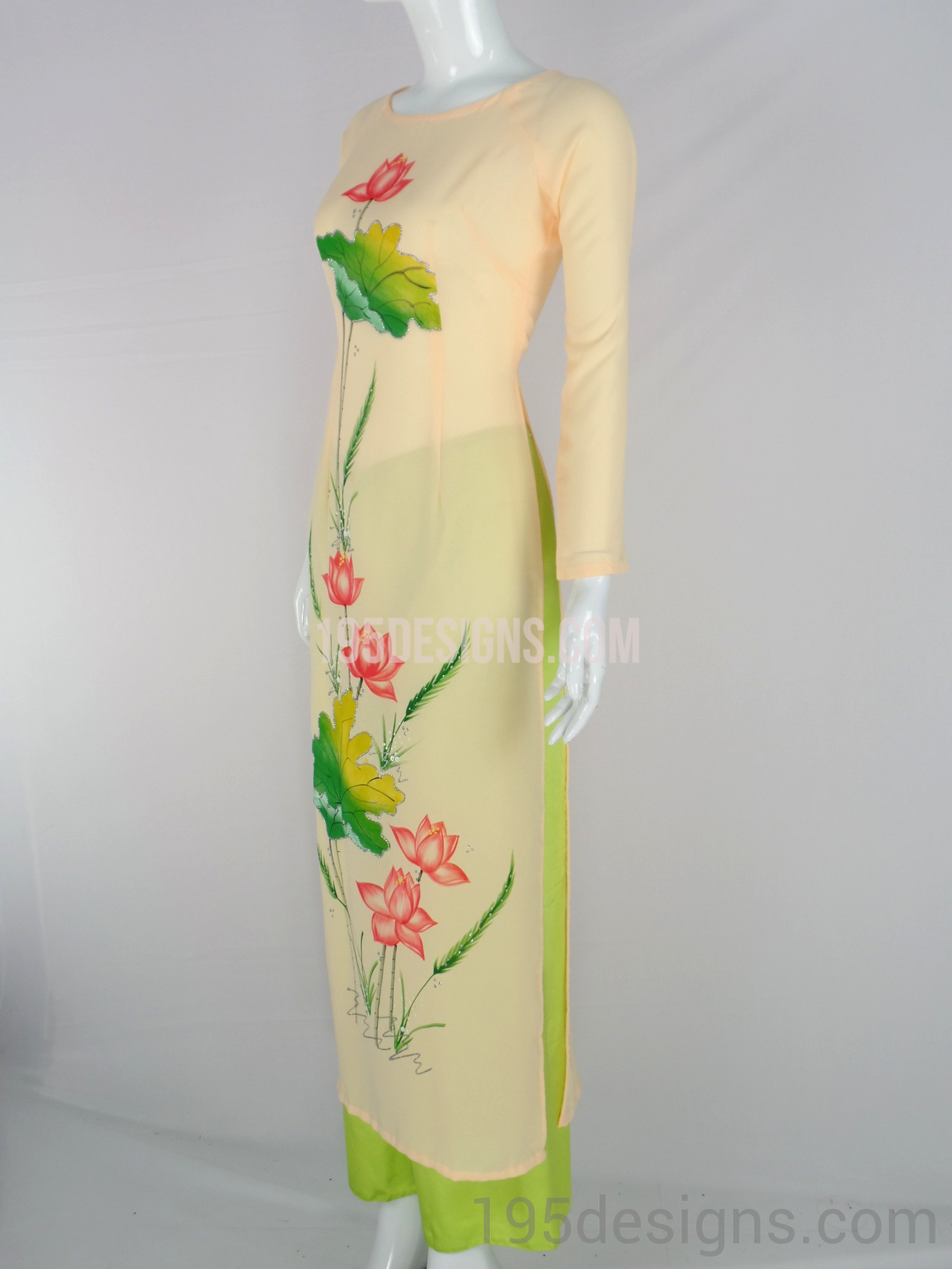 ÁO DÀI Vàng In Hoa Sen | Yellow AO DAI print Lotus flower Set Size 7