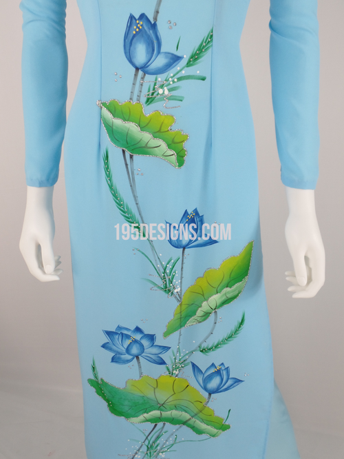 ÁO DÀI Xanh Vẽ Hoa Sen  | Blue AO DAI Paint Lotus flower Set Size 8