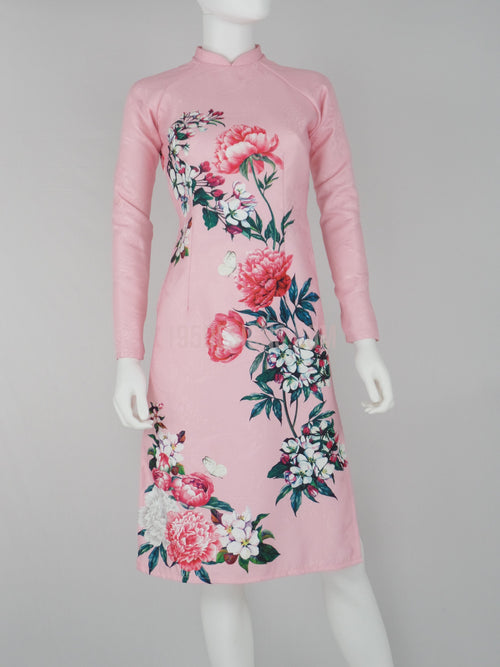 áo dài hoa 3d | Pink Flower Modern Vietnamese Ao Dai