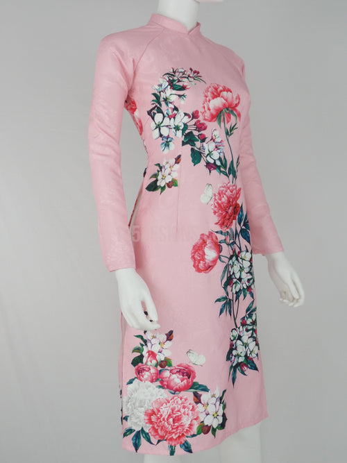 áo dài hoa 3d | Pink Flower Modern Vietnamese Ao Dai