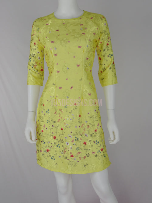 Ao Dai gấm vàng bông nhí