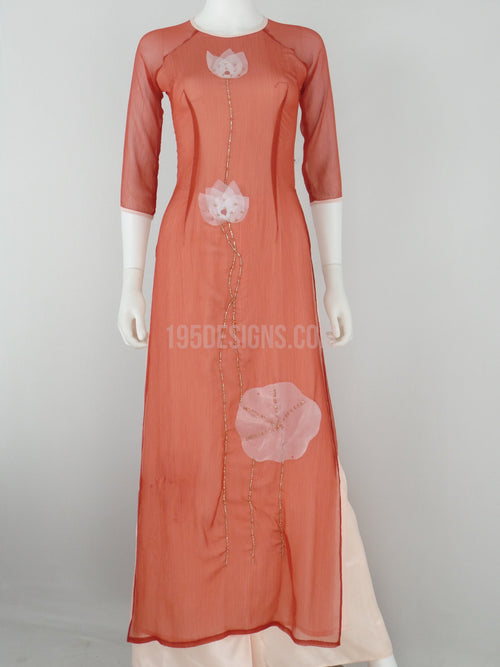 Áo Dài Nâu vải voan xốp hoa sen | Brown Vietnamese Ao Dai