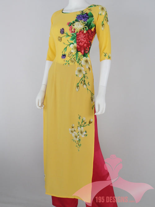 Áo Dài vàng lụa giản hoa Xuân I Yellow Flower Vietnamese Ao Dai