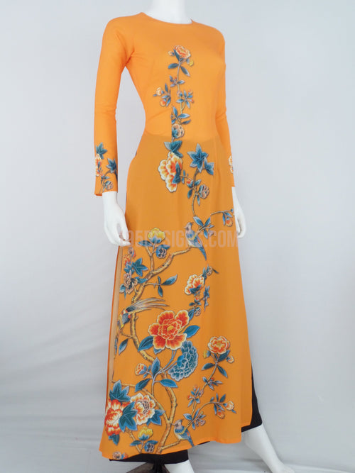 Áo Dài cam lụa giản hoa Xuân | Vietnamese Ao Dai