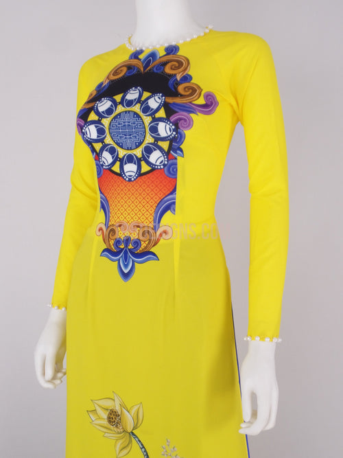 Áo Dài  lụa vàng hoa sen xanh Yellow Vietnamese Ao Dai