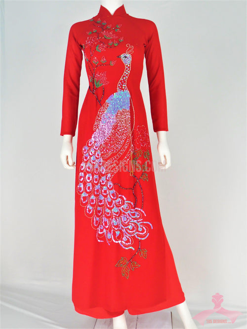 Red Ao Dai Crystal Peacock Vietnamese Long Dress / Áo Dài Đỏ Đính Đá Cườm Con Công