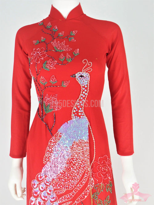 Red Ao Dai Crystal Peacock Vietnamese Long Dress / Áo Dài Đỏ Đính Đá Cườm Con Công