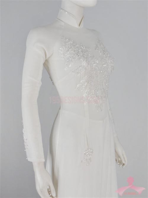 White Ao Dai Crystal Vietnamese Long Dress - Áo Dài trắng tầm ý kết pha lê