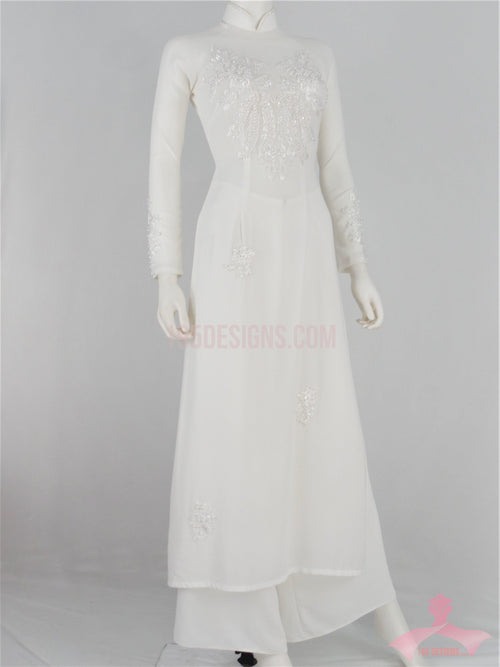 White Ao Dai Crystal Vietnamese Long Dress - Áo Dài trắng tầm ý kết pha lê