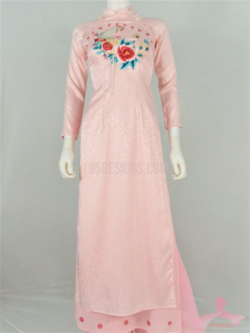 Áo Dài gấm hồng phấn thêu  chim công  | Light Pink Embroidered Peacock Ao Dai