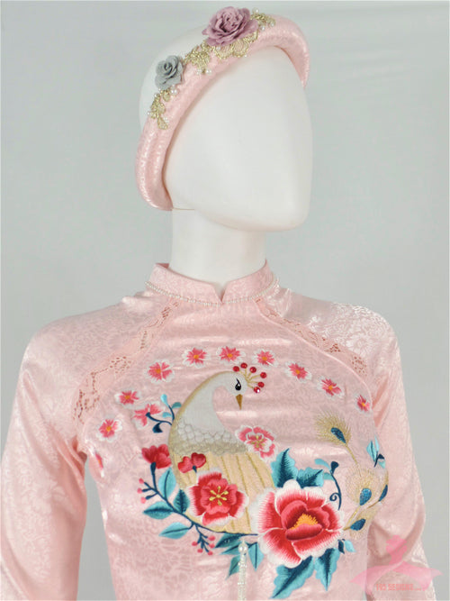 Áo Dài gấm hồng phấn thêu  chim công  | Light Pink Embroidered Peacock Ao Dai