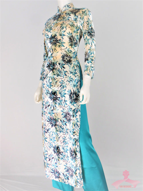 Áo Dài nhung hoa lá xanh - Green Ao Dai Velvet