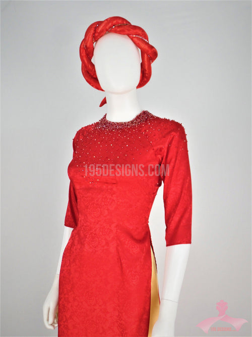 Áo Dài gấm đỏ đính đá  | Red Ao Dai