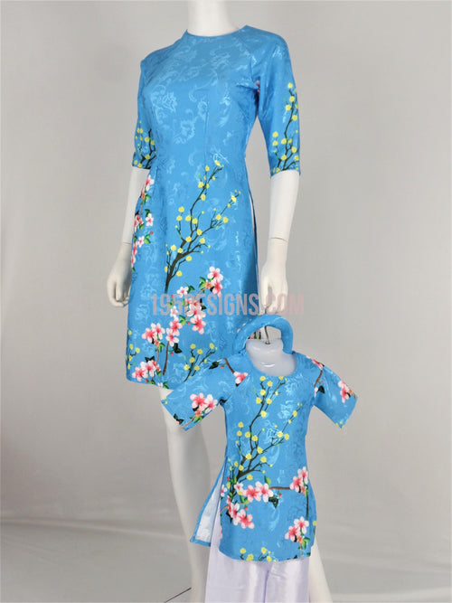 Áo Dài Bé Mùa Xanh Bộ Có Quần | Light Blue Ao Dai Baby Kid Set - Lunar New Year