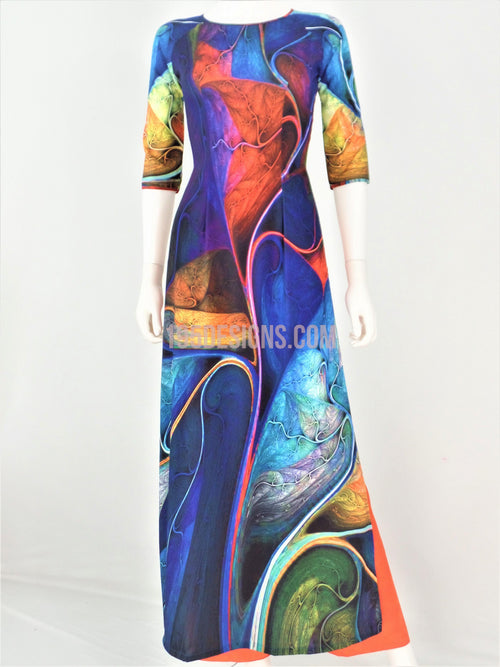 Áo Dài Lụa Giản Màu Xanh Phối Màu | Multi Color Blue Ao Dai Vietnamese