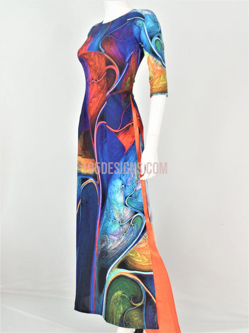 Áo Dài Lụa Giản Màu Xanh Phối Màu | Multi Color Blue Ao Dai Vietnamese