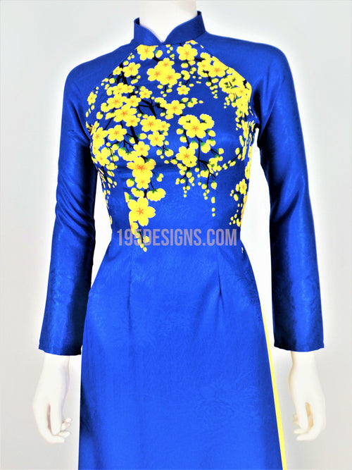 Áo Dài Gấm Vân Gỗ Xanh Hoa Mai | Blue Ao Dai with Yellow Apricot Flowers Set
