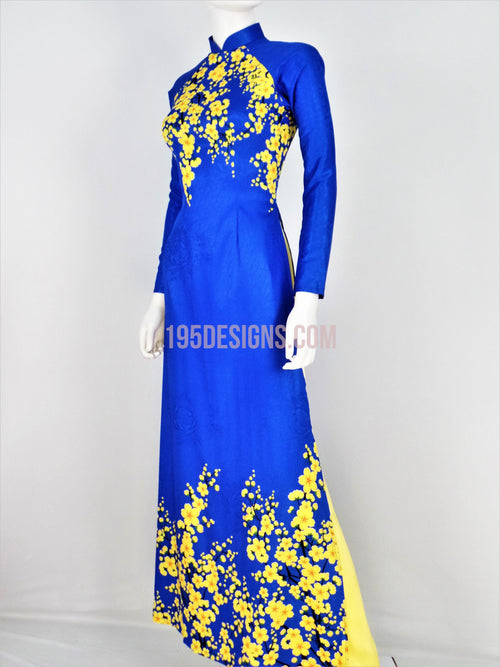 Áo Dài Gấm Vân Gỗ Xanh Hoa Mai | Blue Ao Dai with Yellow Apricot Flowers Set