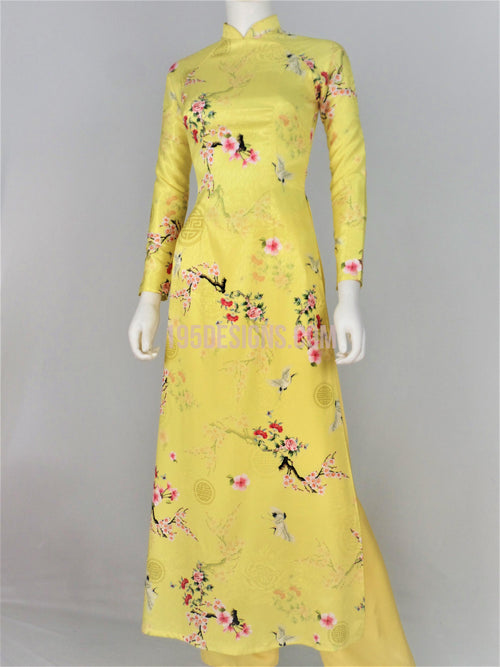 Áo Dài Gấm Vân Gỗ Vàng Lợt   | Light Yellow Ao Dai Vietnamese