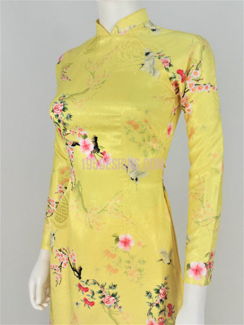 Áo Dài Gấm Vân Gỗ Vàng Lợt   | Light Yellow Ao Dai Vietnamese