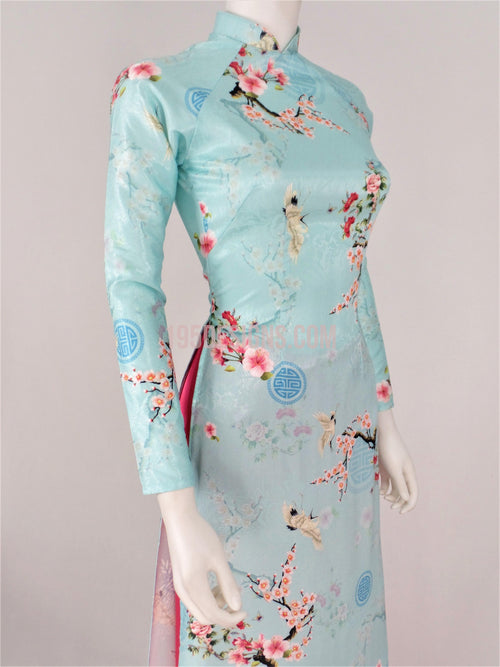 Áo Dài Gấm Vân Gỗ Xanh Lợt   | Light Blue Ao Dai Vietnamese