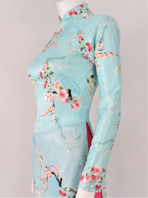 Áo Dài Gấm Vân Gỗ Xanh Lợt   | Light Blue Ao Dai Vietnamese