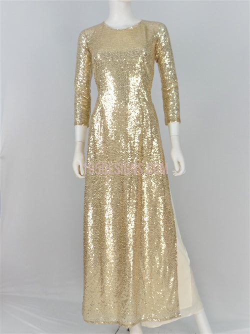 Áo Dài Màu Gold Kim Sa -  Gold Ao Dai Vietnamese