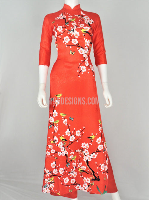 Áo Dài Gấm Đỏ Hoa Đào | Red Ao Dai Vietnamese