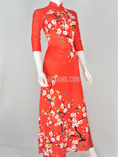 Áo Dài Gấm Đỏ Hoa Đào | Red Ao Dai Vietnamese